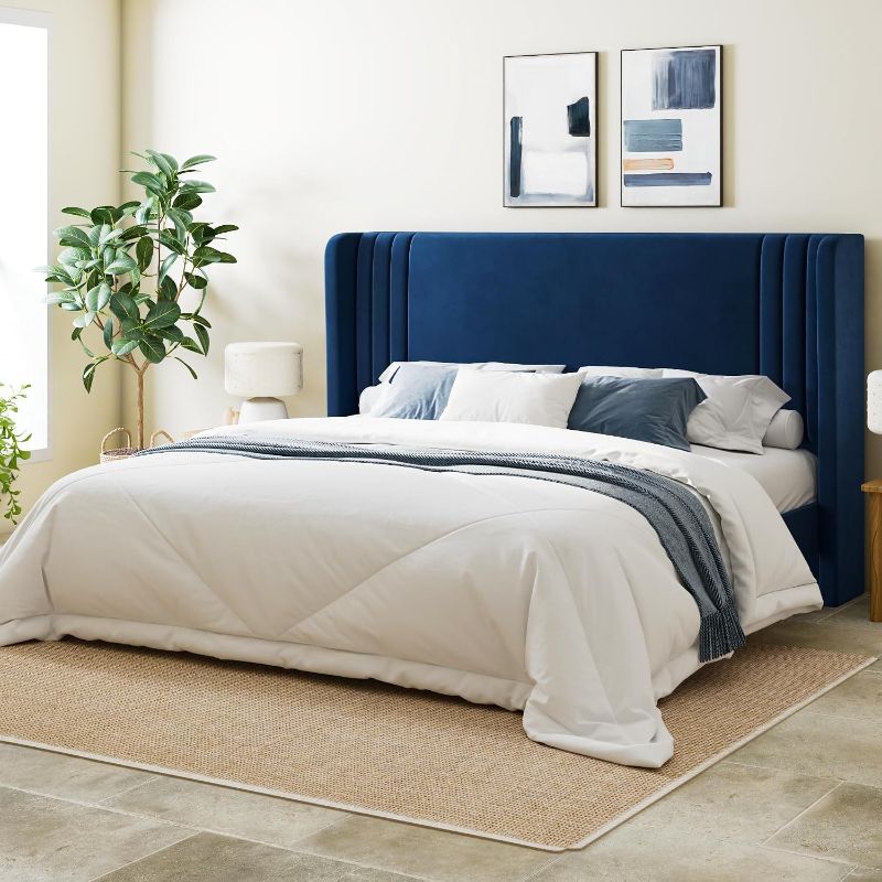 Photo 1 of ****PARTIAL SET/BOX 1 OF 2 ONLY****Allewie King Size Velvet Platform Bed Frame with Vertical Tufted Wingback Headboard, Easy Assembly, Under Bed Storage, No Box Spring Required, Modern Style, Blue  EST VALUE 173.99