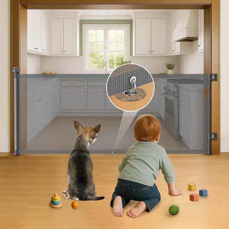 Photo 1 of *Sticking?* BEBANG Retractable Baby Gate, 2 Installation Modes, 71" Retractable Dog Gate for Stairs, Doorways, Hallways, Indoor and Outdoor, Gray
