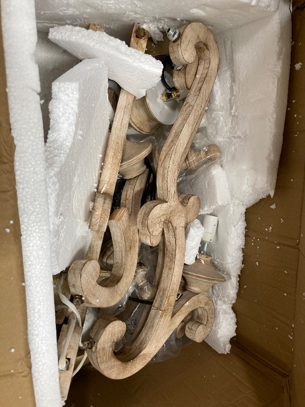 Photo 1 of *Pieces cracked or broken* See Photos* *NO CANDLE LIGHTS* Farmhouse Weathered Wood Chandelier, French Country Empire Pendant Lighting Fixture with 5 Candle Lights, Adjustable Chain, for Kitchen, Dining Room, Foyer, Hallway etc
