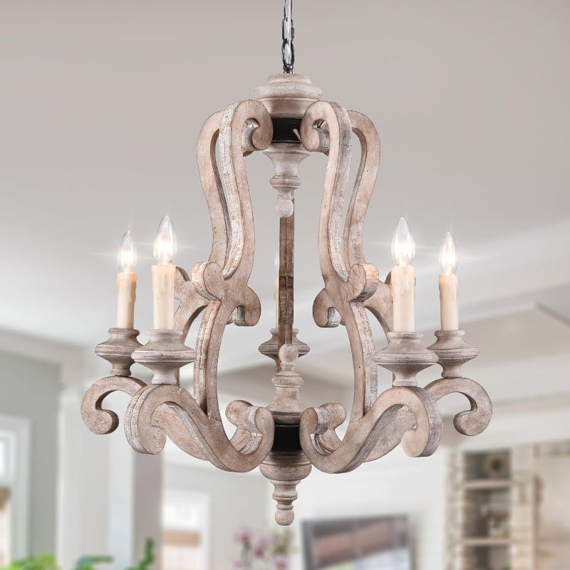 Photo 1 of *Pieces cracked or broken* See Photos* *NO CANDLE LIGHTS* Farmhouse Weathered Wood Chandelier, French Country Empire Pendant Lighting Fixture with 5 Candle Lights, Adjustable Chain, for Kitchen, Dining Room, Foyer, Hallway etc
