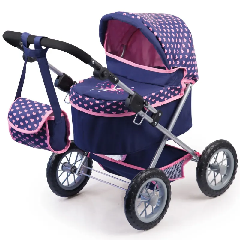 Photo 1 of *ONLY PRAM* *Missing Everything else* Piece popped out?*   Bayer Design: Trendy Pram Stroller - Navy & Pink Hearts - Accessory For Dolls Up To 18", Matching Shoulder Bag, Adjustable Handle, Foldable, Kids 3+
