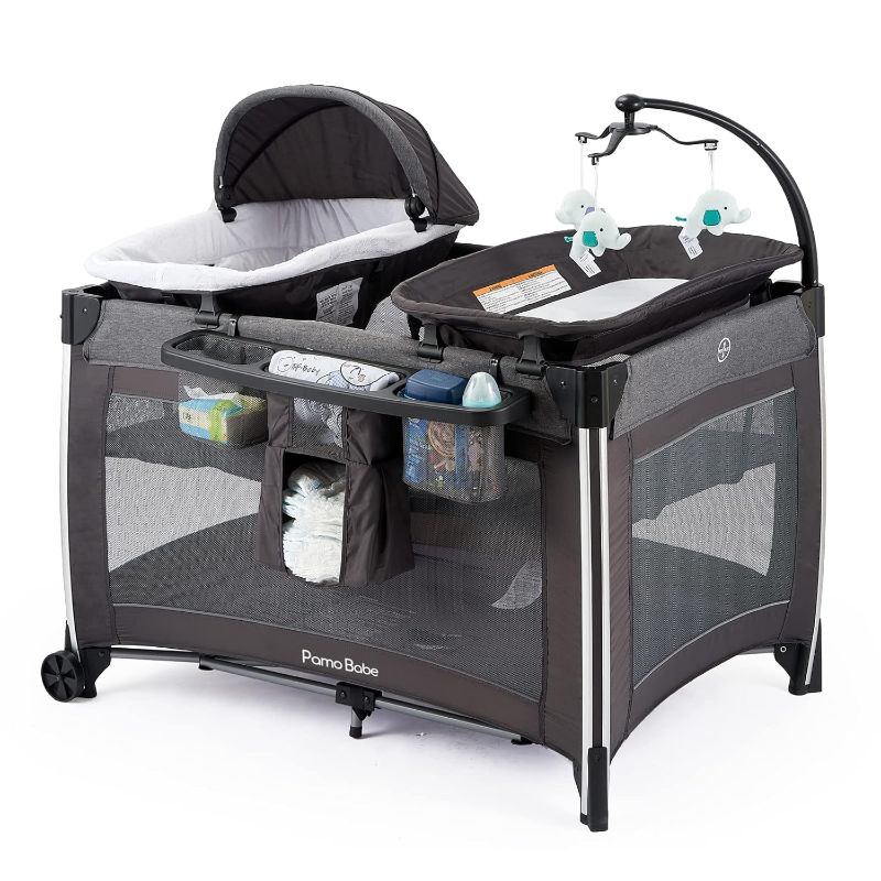 Photo 1 of *Cut on Carrying Bag?* Pamo Babe 4 in 1 Portable Baby Crib Deluxe Nursery Center, Foldable Travel Playard with Bassinet, Mattress, Changing Table for Newborn, Infant, Toddler(Grey)
