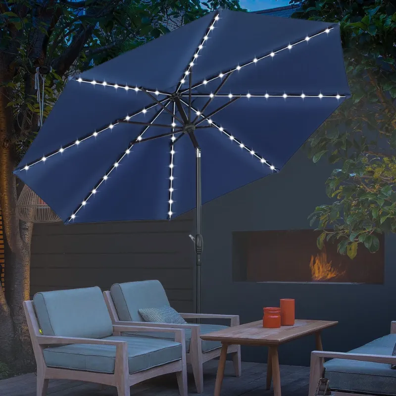 Photo 1 of *Missing Top to Umbrella?* Autlaycil 10 ft Solar Patio Umbrellas with 8 Strip Lights for Market Outdoor Pool, Steel Tilt Crank-Navy Blue
