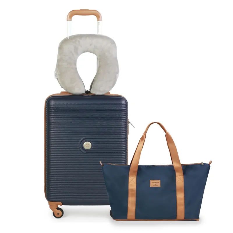 Photo 1 of *Dented* Travelhouse Carry on Luggage Set 3 Piece hardshell TSA Lock Spinner Wheels Suitcase with Travel Bag and Neck Pillow.(Blue)
