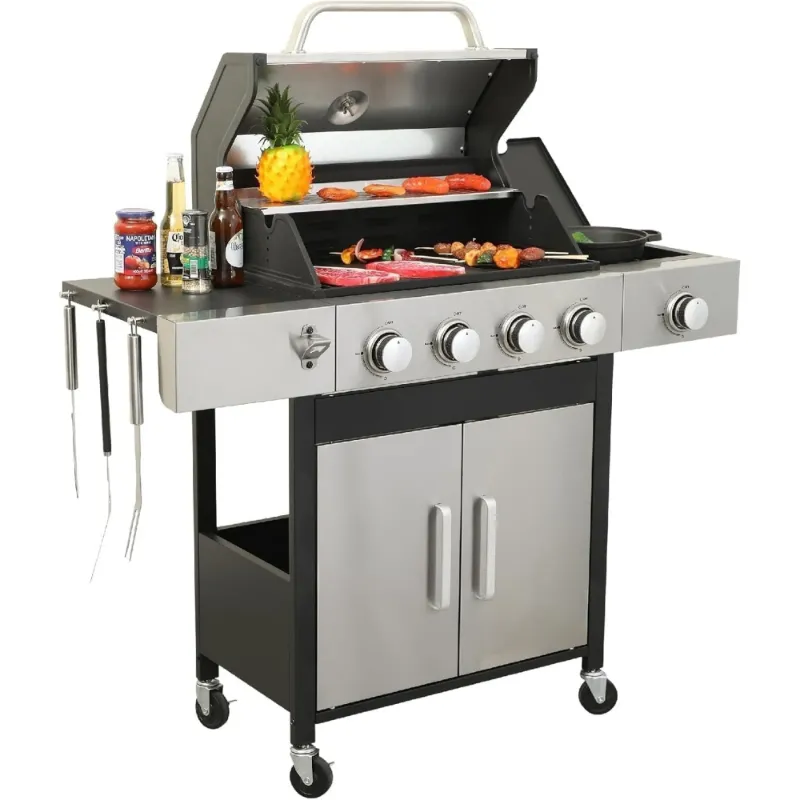 Photo 1 of *Thermometer Missing?* Furnibear 4-Burner Gas Grill Side Burner, Propane Stainless Steel BBQ Grill with Porcelain-Enameled Cast Iron Grates, 46790 BTU Barbecue Grill for Outdoor Cooking
