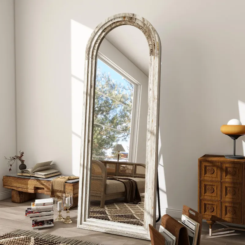 Photo 1 of *Crack in frame* BEAUTYPEAK 71"x30" Arched Full Length Mirror with Stand Solid Wooden Framed Floor Mirror Full Body Mirror,Retro White
