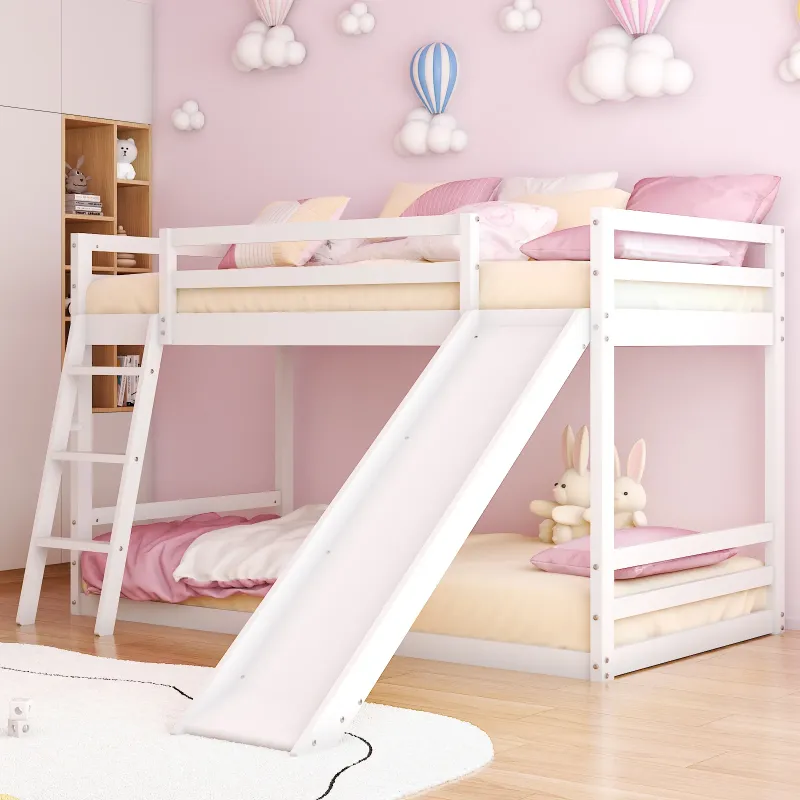 Photo 1 of *Chipped Piece* Zimtown Bunk Bed Twin Over Twin,Low Floor Bed Frame with Slide for Dormitory Bedroom,No Box Spring Needed,White
