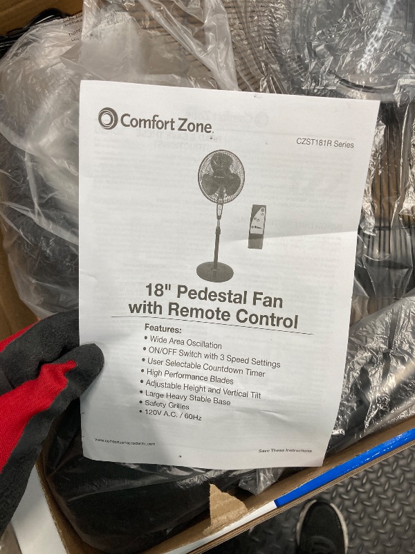 Photo 1 of *Piece broken* Comfort Zone Large 3-Speed Oscillating Pedestal Fan, Adjustable Height/Tilt, Auto Shutoff Timer, 18 Inches, Black
