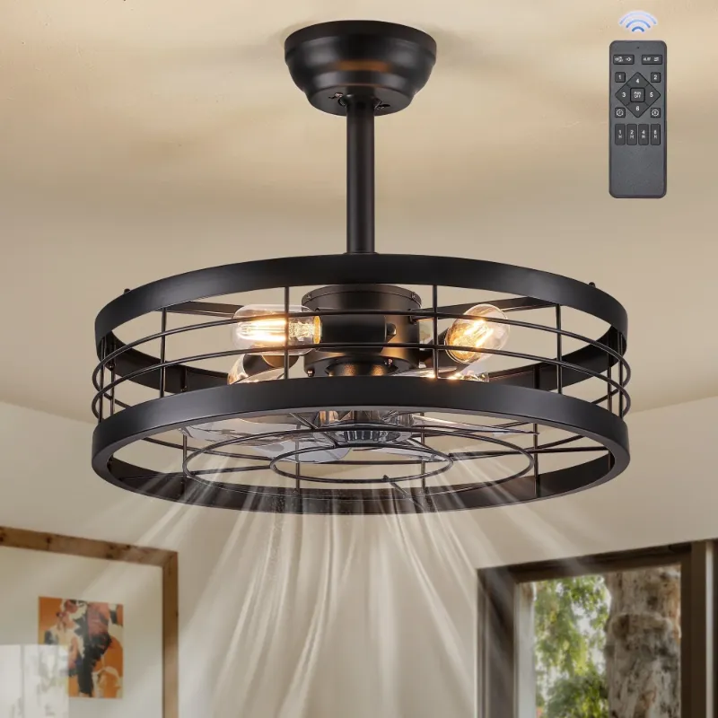 Photo 1 of *Cord Broken?/Missing Pieces*Zardon 20" Low Profile Modern Caged Ceiling Fan with Light and Remote Control, Ultra-Quiet DC Motor, 3 Color Temperatures & Timer for Bedroom, Kitchen, Office-Black