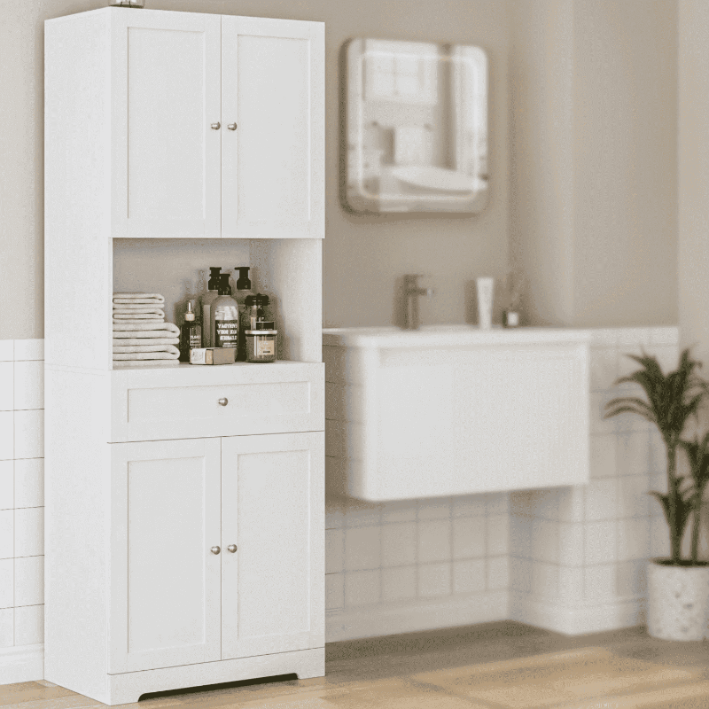 Photo 1 of *Chips in some places*Homfa 67.5" Tall Bathroom Storage Cabinet with Drawer, 4 Door Modern Freestanding Cupboard, White
