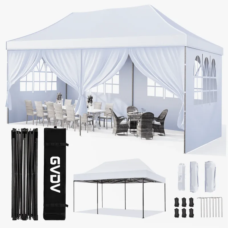 Photo 1 of *Stained* GVDV 10' x 20' Pop up Canopy Tent Party Tent Outdoor Event Instant Tent Gazebo with Removable Sidewalls and Carry Bag, White