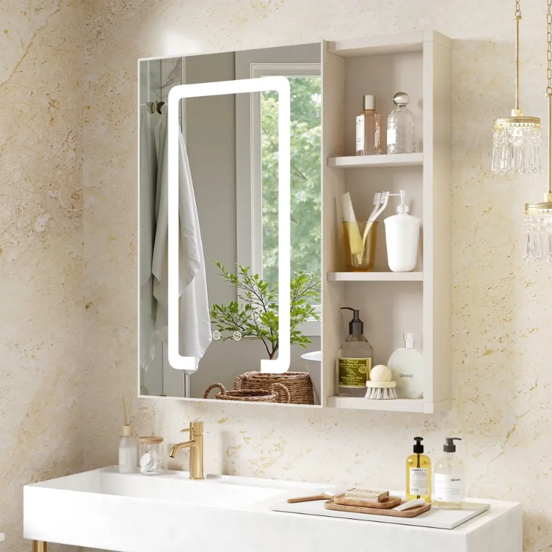 Photo 1 of *Corner cracking* Uoisaiko LED Medicine Cabinet Wall Mounted with Mirror, 3-Color Adjustable - Pre-Assembled Anti-Fog 24"x26", Light Gray