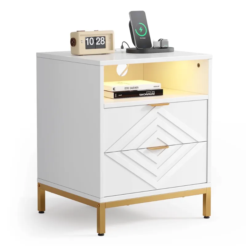Photo 1 of *Scratched up* MARNUR LED Nightstand with 2 Drawers, Charging Station, White Modern Night Table High Gloss End Side Table for Bedroom
