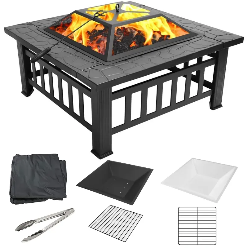 Photo 1 of *FACTORY SEALED* Fire Pits for Outside, 32" Wood Burning Fire Pit Tables with Screen Lid, Poker, BBQ Net, Ice Tray, Food Clip and Cover, Backyard Patio Garden Outdoor Fire Pit/Ice Pit/BBQ Fire Pit, Black
