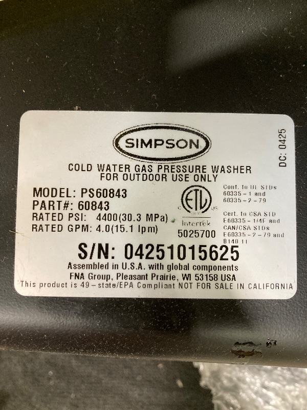 Photo 1 of ***with damages*** Simpson Cleaning 4400 PSI Gas Pressure Washer, 4.0 GPM Power Washer for Commercial Use, CRX Engine, 50-Foot Steel-Braided Hose, PowerShot, 49-State (PS60843)
