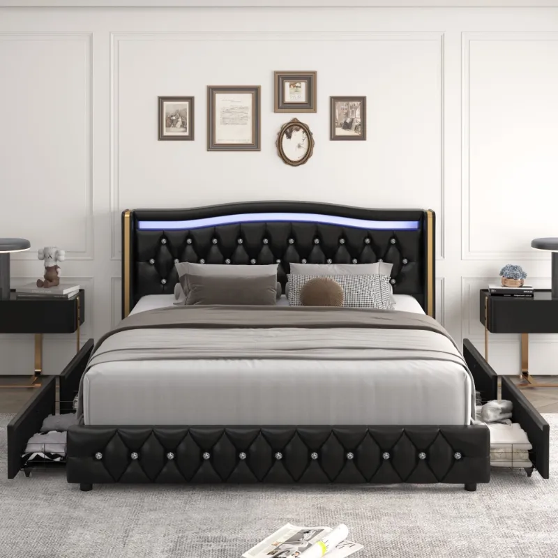 Photo 1 of ***PARTS ONLY***
Homfa King Size LED Bed Frame with 4 Storage Drawers, PU Leather Upholstered Platform Bed with Crystal Buttons Headboard, Black
