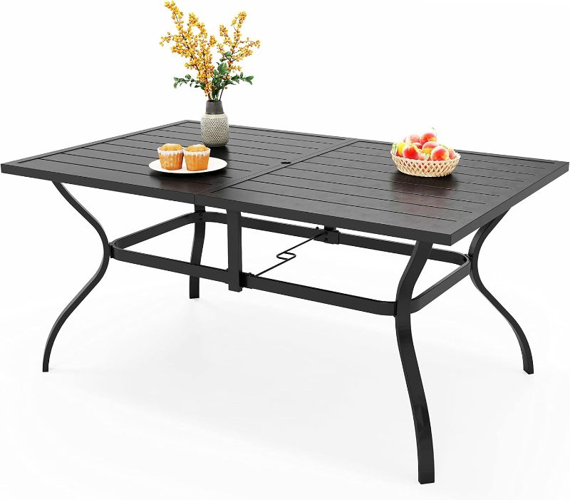 Photo 1 of  Outdoor Dining Table for 6, 60" Long Rectangular Metal Wrought Iron Table with Umbrella Hole, All-Weather Large Furniture for Patio, Backyard, Porch