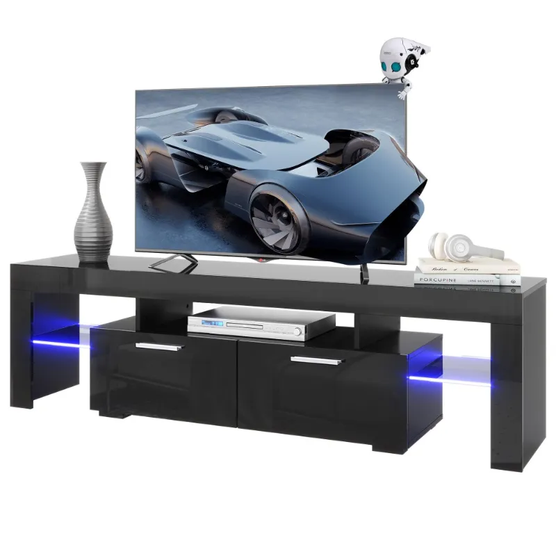 Photo 1 of  TV Stand for TVs up to 70", High Gloss TV Cabinet with LED Light, Modern TV Console Table with Storage Drawers, Media Television Stand Entertainment Center, Black