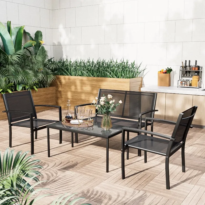 Photo 1 of  4 Pieces Outdoor Furniture Set Patio Textilene Steel Conversation Set with Loveseat Tea Table for Lawn and Balcony, Black