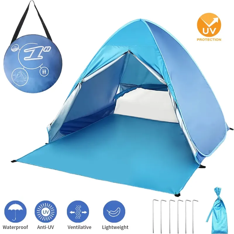 Photo 1 of  Beach Tent, Anti-UV Pop Up Sun Shelter Beach Tent With Carry Bag for 2-3 Person, Lightweight & Easy Setup Beach Tent, Blue