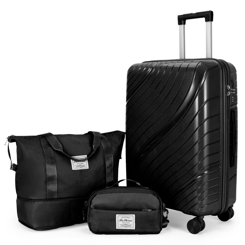 Photo 1 of  3 Piece Carry-on Luggage Sets, PP Hardside Suitcase Set with Spinner Wheels, Portable Travel Bag and Toiletry Bag, Black