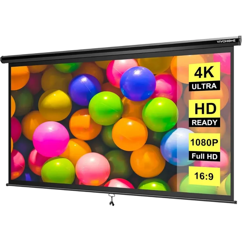 Photo 1 of 100 inch Manual Pull Down Projector Screen, 16:9 HD Retractable Projector Screens for Movie Home Theater Cinema Office Video Game, Black