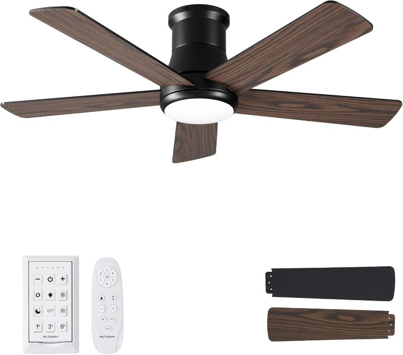 Photo 1 of 42 Inch Low Profile Ceiling Fan with Light, Black Flush Mount Ceiling Fans with Lights and Remote, 6 Speeds, Reversible Quiet DC, 3CCT Dimmable, Indoor/Outdoor Ceiling Fans for Patios Bedroom