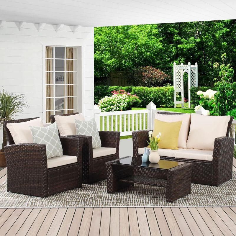Photo 1 of 
Wisteria Lane 4 Piece Outdoor Patio Furniture Sets, Wicker Conversation Set for Porch Deck, Brown Rattan Sofa Chair with Cushion