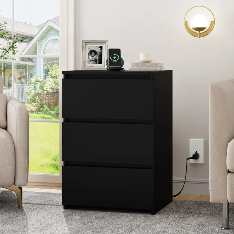 Photo 1 of  3 Drawers Nightstand with Charging Station, Side Table with Storage for Living Room, Black Bedside Nightstand for Bedroom