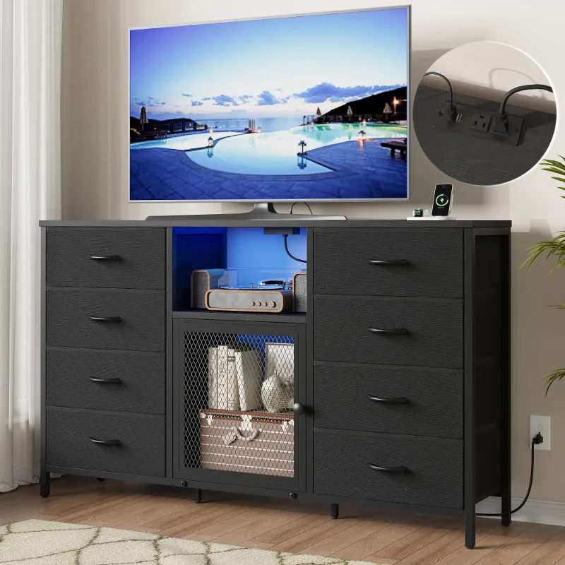 Photo 1 of 8 Drawer Dresser, 52"W TV Dressers for Bedroom, TV Stand for 65" TVs with Power Outlets LED Lights, Fabric Chest of Drawers Storage Organizer - Black
