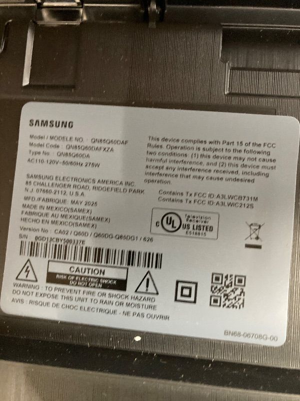 Photo 1 of ***PARTS ONLY***
Samsung 85-Inch Class QLED 4K Q60D Series Quantum HDR Smart TV w/Object Tracking Sound Lite, Motion Xcelerator, Slim Design, Gaming Hub, Alexa Built-in (QN85Q60D, 2024 Model)