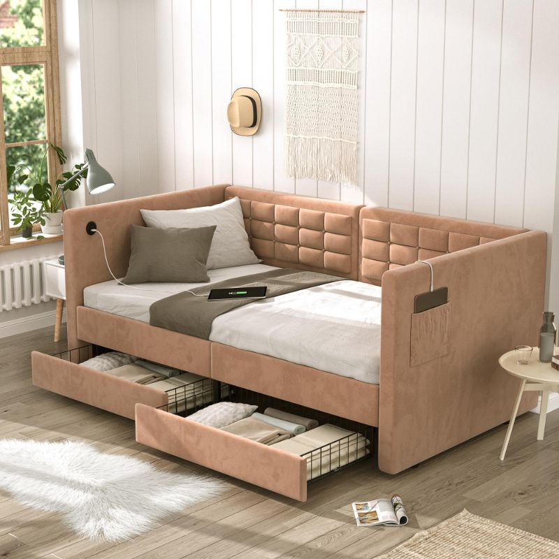 Photo 1 of ***PARTS ONLY***
VECELO Twin Daybed with Storage Drawers, Upholstered Day Bed with Button Tufted headboard and Wood Slat Support for Living Room/Bedroom, Built-in USB & Type C Ports, Easy Assembly, Brow