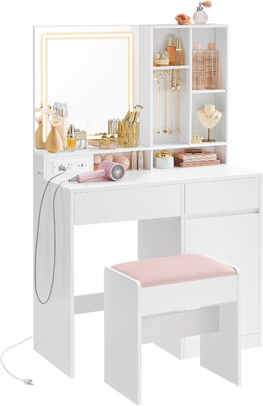 Photo 1 of ***NO MIRROR***VASAGLE Vanity Desk with Mirror and Lights, Power Outlets, Vanity Table Set with Stool, Drawers, 35.4-Inch Wide Makeup Vanity, Jewelry Storage, Adjustable Shelves, for Bedroom, Cloud White URDT132W02