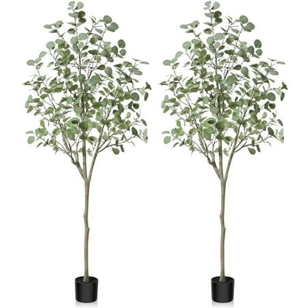 Photo 1 of 2 Pack Artificial Plants 6ft Artificial Eucalyptus Silk Tree in Pot Faux Plastic Eucalyptus Plant with Durable Plastic Trunk for Home Decor Office Ho