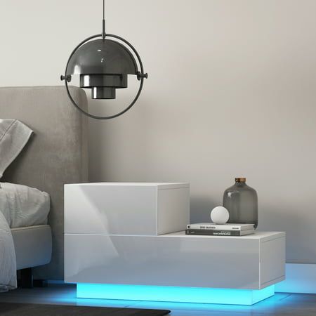 Photo 1 of 2 Drawers Nightstand with RGB 20 LED Light Mode Modern Home Furniture Decor - High Gloss White Black

