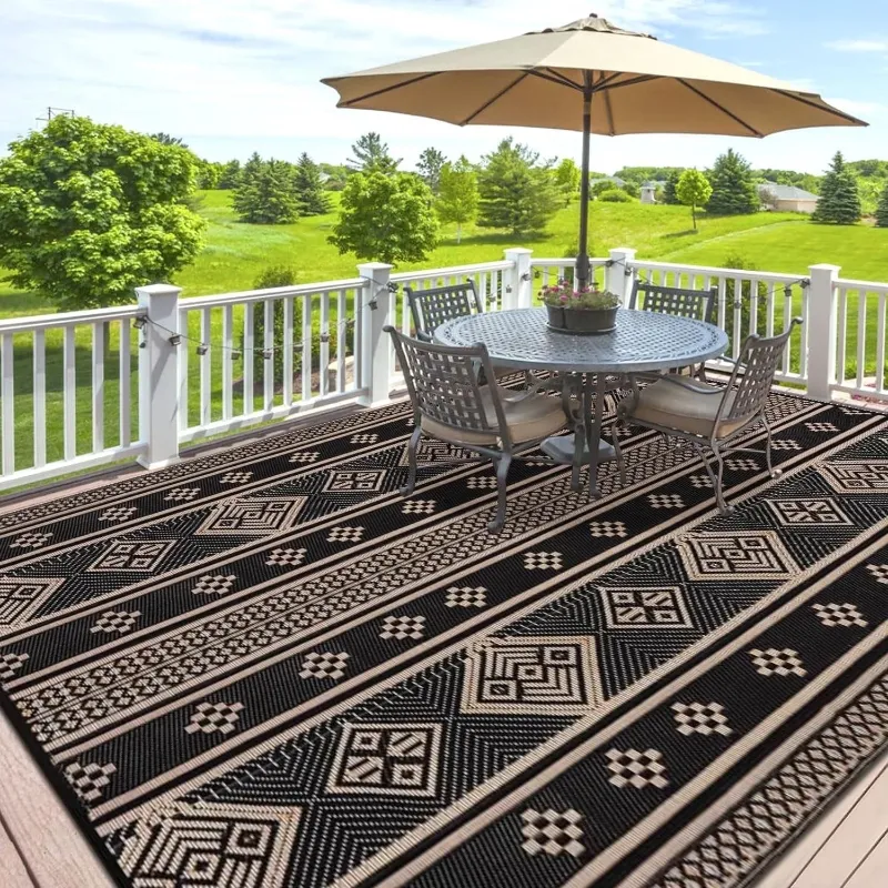 Photo 1 of  Outdoor Rugs, Yamaziot Waterproof Plastic Patio Rug, Reversible Outdoor Mats for RV Camping Picnic Garden Backyard Balcony Porch Beach, Black
