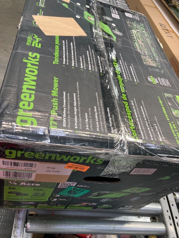 Photo 1 of ***missing batteries, and charger****Greenworks 48V (2 x 24V) 17" Cordless (Push) Lawn Mower (125+ Compatible Tools), (2) 4.0Ah Batteries and Dual Port Rapid Charger Included