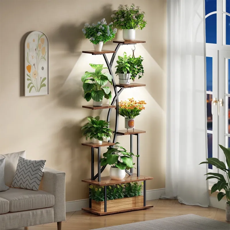 Photo 1 of ***MISSING PARTS**Plant Stand with Grow Lights, Biemlerfn 67" Tall Plant Shelf Indoor, 8 Tier Display Rack, Tree-Shape Metal Flower Holder for Home Living Room Office, Brown
