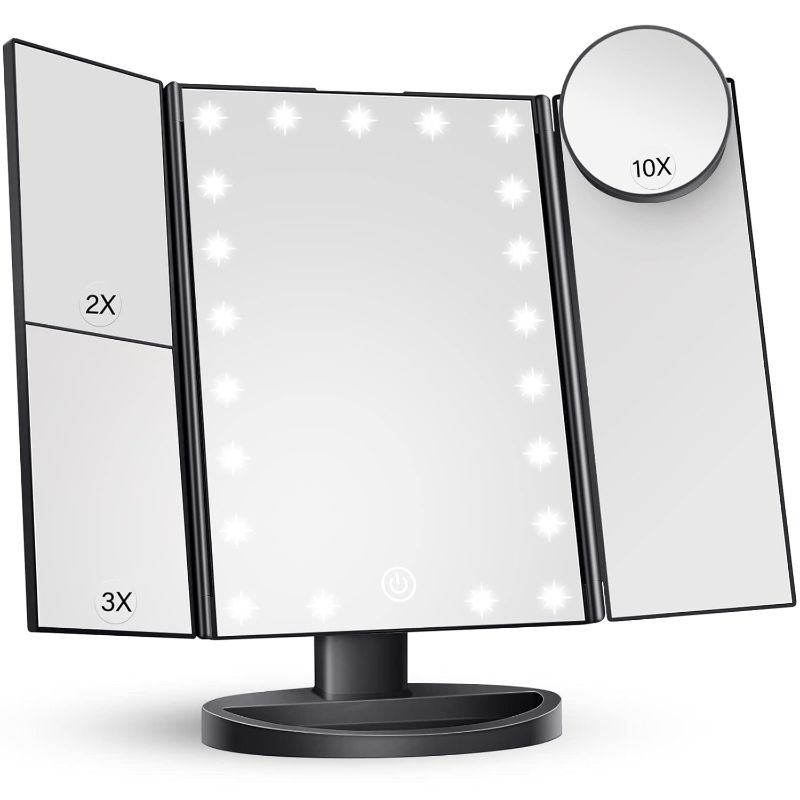 Photo 1 of **no charger or base, white not black** deweisn Tabletop Mount Trifold Lighted Vanity Mirror with 21 LED Lights, Touch Screen and 3X/2X/1X Magnification, Two Power Supply Mode Make up Mirror,Travel Mirror