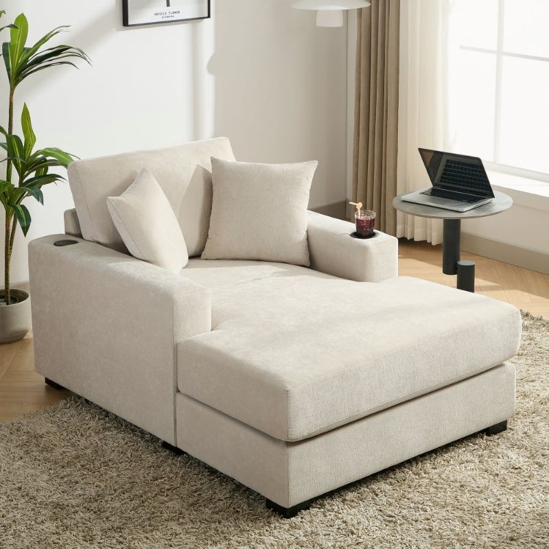 Photo 1 of 43.5" Oversized Chaise Lounger Modern Style Sofa Couch ,with Pillows, Charge Station & Cup Holders, Chenille Fabric, Cream    **BOX 2 of 2 **
