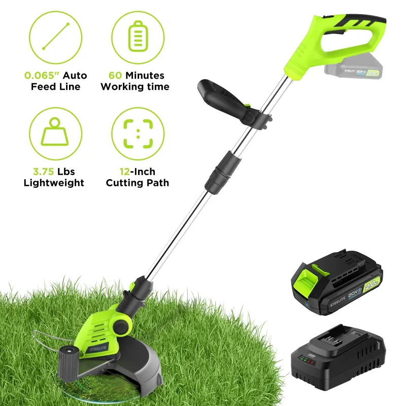 Photo 1 of **WITH BATTERIES**Steelite 12-inch 21V Cordless String Trimmer, Battery Powered Weed Wacker & Lightweight Grass Trimmer with 2.0Ah Battery and Charger, Electric Weed Eater for Trimming and Edging
