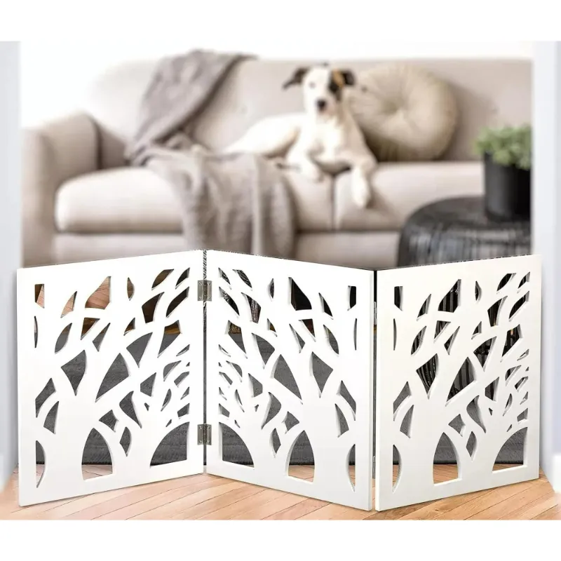 Photo 1 of **CRACKS IN ONE PANEL**White Floral Wood Pet Dog Gate Foldable Adjustable 3-Section Freestanding Extra Wide. Keeps Pets Safe Indoors/Outdoors - Fully Assembled
