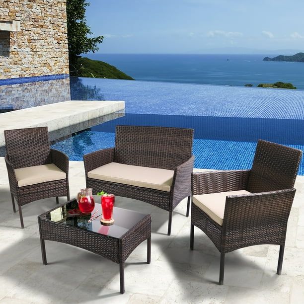 Photo 1 of 4 Piece Patio Furniture-All-Weather PE Wicker Outdoor Patio Furniture with Swivel Rocker Chairs,Outdoor Couch,Outdoor Furniture Set with Coffee Table-Brown/Blue