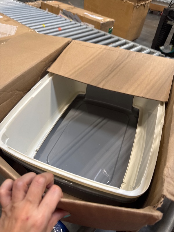 Photo 1 of Amazon Basics Large Cat Litter Box with High Sides, Open Top, Includes Scoop, 19 x 15 x 11.75 inches, Grey/Beige