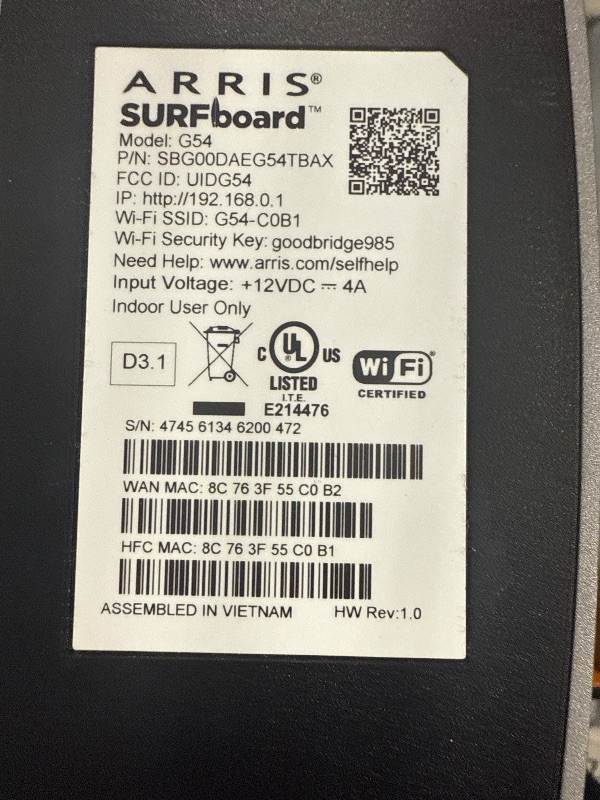 Photo 1 of ARRIS (G54) - Cable Modem Router Combo - Fast DOCSIS 3.1 Multi-Gigabit & BE 18000 WiFi 7 Comcast Xfinity, Cox, Spectrum Quad-Band 1, Up to 18 Gbps Max Speed.