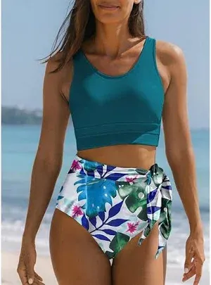 Photo 1 of ***SIMILAR PRODUCT***
Dokotoo Womens 2 Piece Swimsuit Scoop Neck Sleeveless 2025 Racerback Top Tummy Control Tie Knot Bathing Suits Floral Bottoms, L