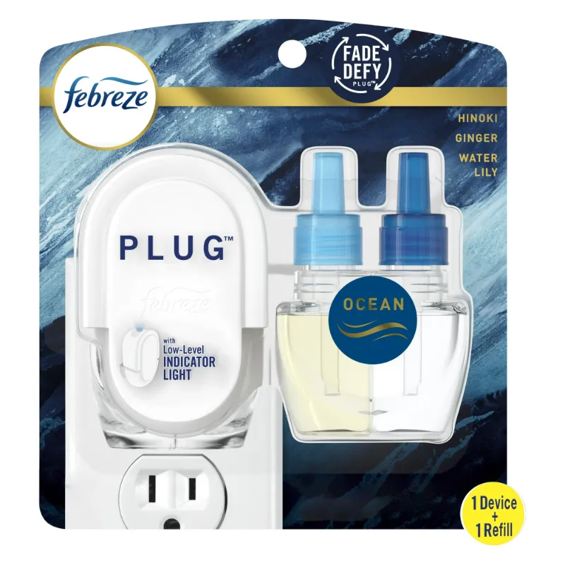 Photo 1 of (2 pack) Febreze Plug In Air Freshener, Odor-Fighting Scented Oil Starter Kit, Ocean Scent, Warmer + 1 Refill
