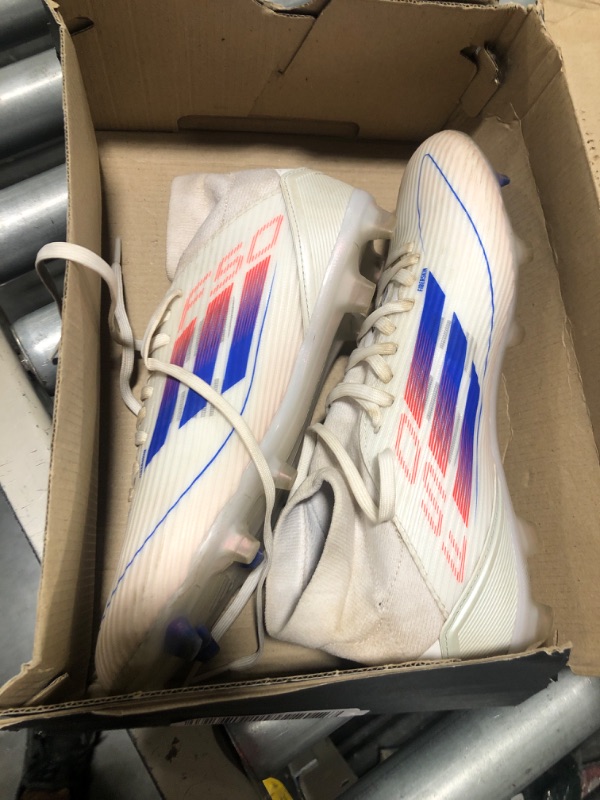 Photo 1 of adidas Women's F50 League Mid Top Firm/Multi Ground Sneaker, White/Lucid Blue/Solar Red, 8