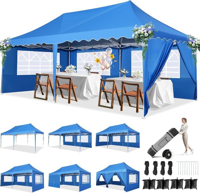 Photo 1 of **MISSING FABRIC** HOTEEL 10x20 Canopy Pop up Canopy with 6 Sidewalls, Easy Setup Canopy Tent Waterproof Tents for Parties with Wheeled Bag, 4 Weight Bag, UV50+ Outdoor Event Tent Vendor Tent, High Roof, Metal Leg, Blue
