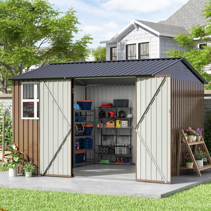 Photo 1 of 10x10 FT Large Outdoor Storage Shed, Metal Clearance Tiny Home with Windows & Lockable Doors for Backyard Garden, Patio Lawn, Placing Tools/Sundries/Guarder Inhabit/Raise Chickens/Poultry
